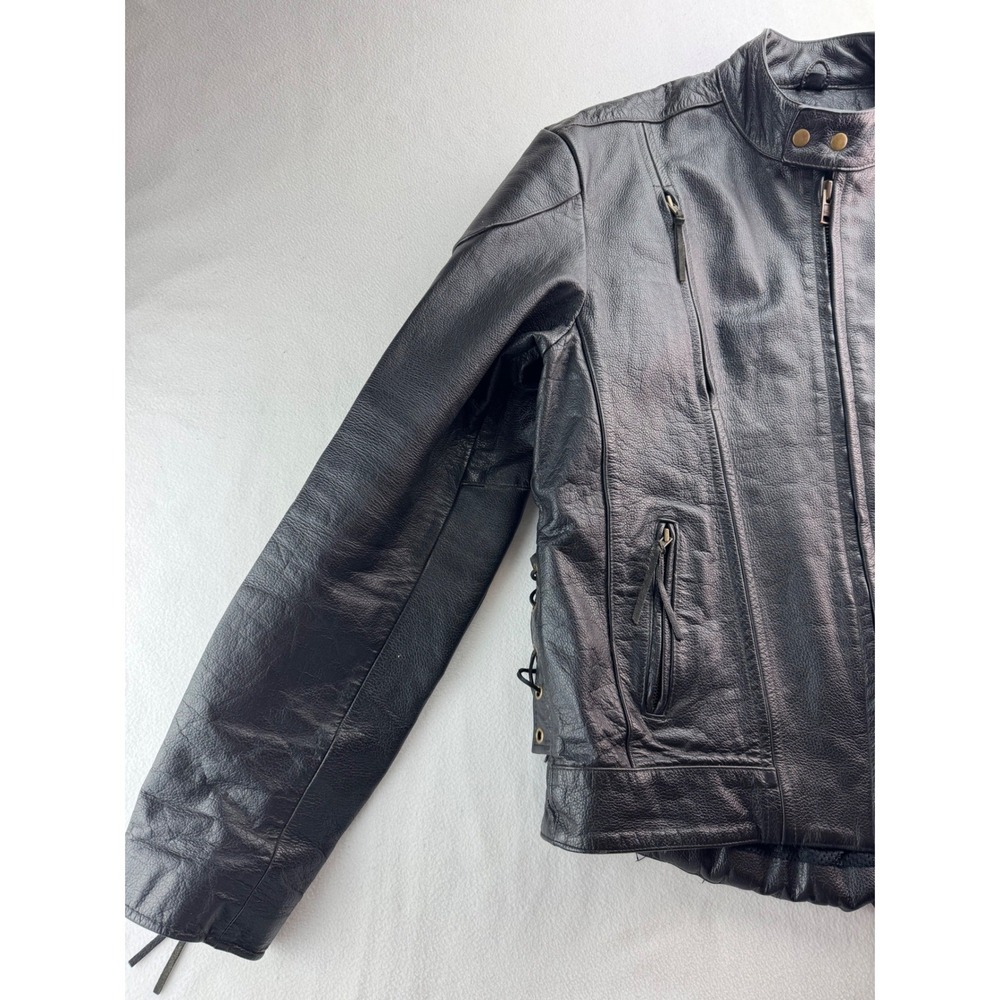 Mens Black Leather‎ Motorcycle Jacket Biker Style Quilted Accents Sz 46 NO LINER - Picture 4 of 16